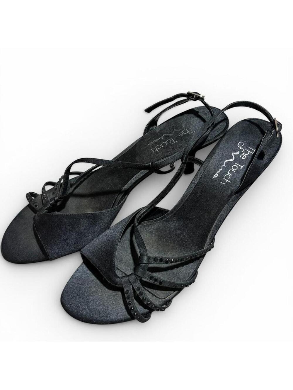 Black strappy heels with studded details. Size: US 10 #glamour #Y2K Aesthetic